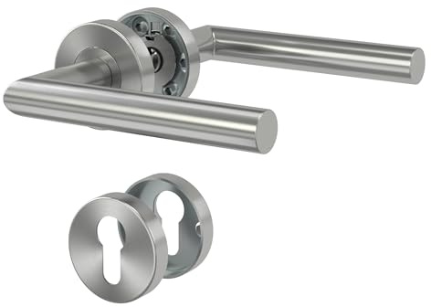 DIYGEEK Maniglie Porte Interne in Acciaio Inox, Cilindro di chiusura PZ | Maniglia Delle Porta Interna con Rosetta Ø52 mm, Finitura Spazzolata per Porte della Sala