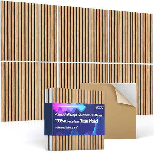 JBER Akustikpaneele Selbstklebend 6 Stück, Schallschutzplatten, Schalldammung Polyester-Faser Akustikschaumstoff, Dekorative Schallschutz für Tonstudio, Büros, Haus, 60×60×1cm, Rustikale Eichentönung