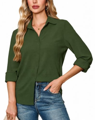 FaerieFlair Women's Blouses & Shirts Summer 3/4 Sleeve Top Chiffon V-Neck Button Up Shirts Casual Wrinkle Free Tops Tunic Clothes Outfits Army Green L 14-16