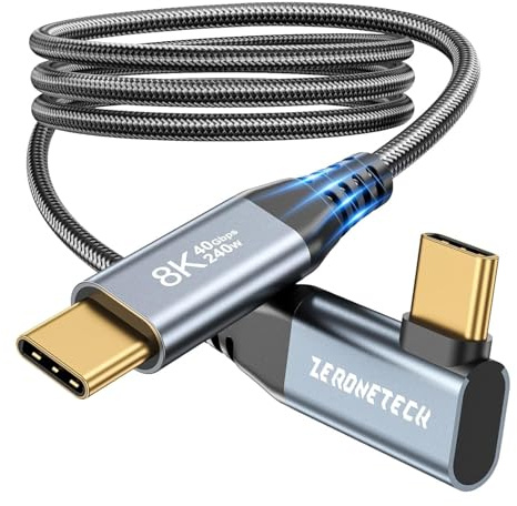 Cable Thunderbolt 4, USB4, 1M, Cable Usb C vers Usb C écran ordinateur, 8K@60Hz HDR Video, Coudé 90 Degrés Câble de Données 40Gbps, 240W USB C Cable Charge Rapide pour iPhone 17/16,Ordinateur portable