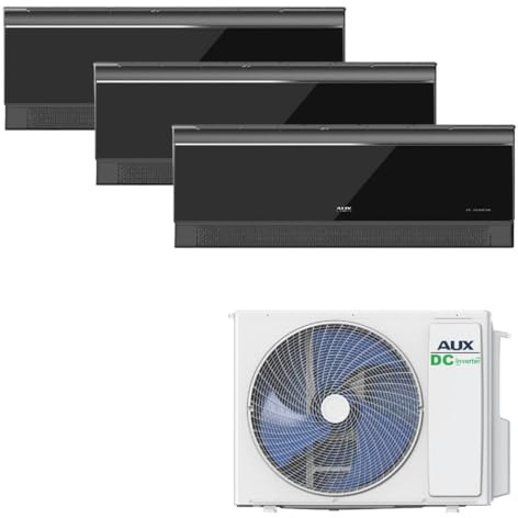 Aria condizionata A++ AUX, set Multi Split 27000 BTU (7,9 kW), unità esterna + 3 x 9000 BTU apparecchio da parete con Wi-Fi, refrigerante R32, nero lucido, condizionatore silenzioso per 3 stanze
