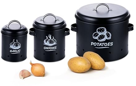 Relaxdays Potato Storage Box, Onions, Garlic, Set of 3, with Lid & Holes, Metal, Onion Pot, Black