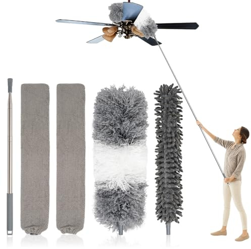 Vinuwu 5 Pièces Plumeau Télescopique, Manche Extensible 38–250 cm, Microfibre & Chenille Lavables, Plumeau Poussiere Balai Anti-Toiles d’Araignée pour Plafonds Meubles Stores