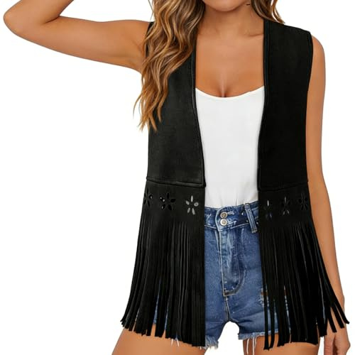 Women's Fringe 70s Hippie Vests Sleeveless Faux Suede Open-Front Vintage Tassel Waistcoats Western Jacket Cardigans