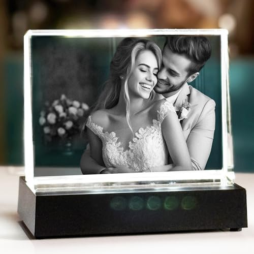 contento | Personalisiertes 2D Kristallfoto mit eigenem Bild | Lasergraviertes Glasfoto als individuelles Geschenk, Maße, 10,5 x 8 x 3 cm (Kristall + Leuchtsockel, M Querformat (10,5x8x3cm))
