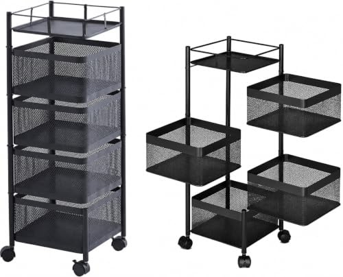 Trolley Rack Kitchen Organiser Cart Shelf, Rotating, Multi-Tier Vegetable Rack with Wheels, Space Saving Storage for Kitchen, Bathroom, Laundry Room, Pantry & Home Organisation (Black, Square 5 Tier)