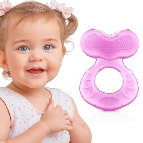 Nuby Teethe-eez souple en silicone | Anneau de dentition en silicone avec surface pour masser les dents | étui hygiénique inclus | Rose | +3 Mois
