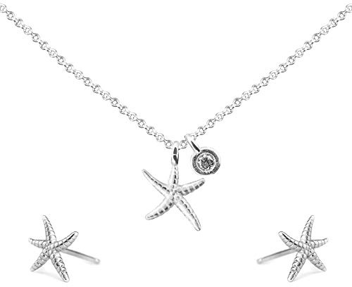 Nagel Jewellery Set Anhänger und Ohrstecker Seestern mit Kette 45 + 5 cm | 925 Sterling Silber rhodiniert | Zirkonia Element | mit Geschenkbox