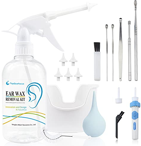 TopQuaFocus Ear Cleaner Earwax Removal Kit, Electric Earwax Cleaner Earwax Remover Irrigation Tool, 16.9oz Ear Washer Bottle 6pcs Ear Pick for Adults & Kids Cleaning(Clear)