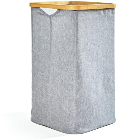 bambuswald© Cesto plegable de colada con anilla de bambú ecológico aprox. 50x32cm y 50 litros de capacidad | Clasificador de ropa, bolsa de lavandería, caja de lavandería, baúl de almacenamiento