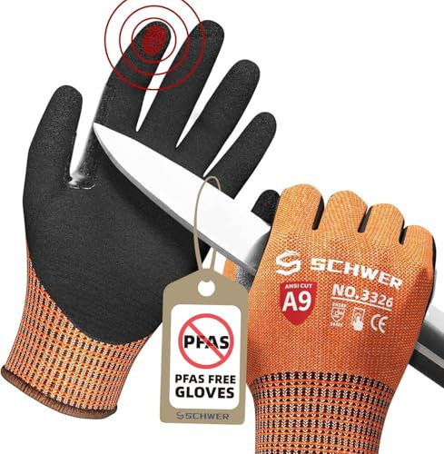 Schwer ProGuard Highest Level Cut Resistant Work Gloves PR3326 for Extreme Protection，Level 9 Cut Gloves with Reinforced Thumb, Non Slip, Breathable, Durable, Touch-screen, PFAS Free, Orange 1 Pair（M）