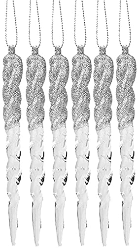 Glitzernde Eiszapfen Deko 6er Set Hängend Klar Christbaumschmuck Edle Glasoptik Wintermotiv in vielen Farben (Silber)