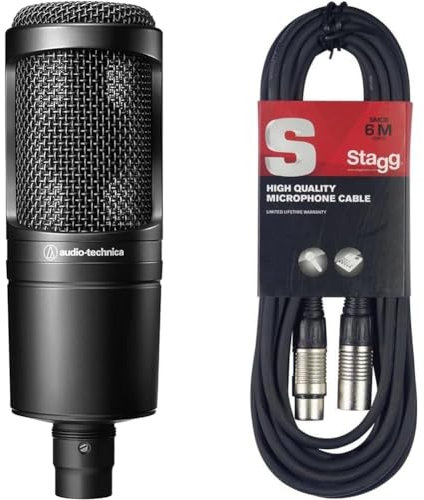 Audio-Technica At2020 Microfono Cardioide A Condensatore Per Voce Fuori Campo, Podcasting, Streaming E Registrazione. & Stagg Cavo Di Alta Qualita Xlrf A Xlrm Plug Microphone, 6 M, Nero