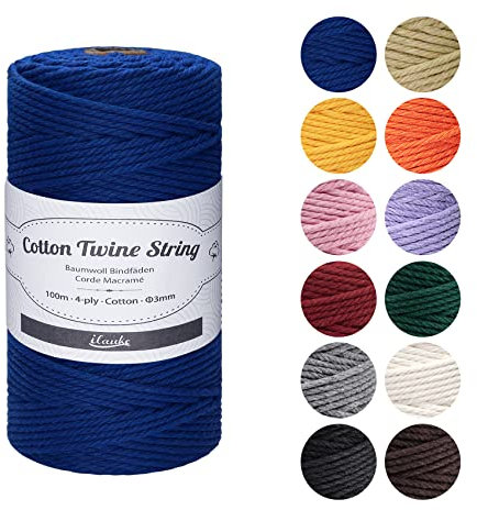 ilauke Macrame Cord 3mm x 100m, Natural Macrame Cotton Cord DIY Craft Cotton Rope for Wall Hanging, Plant Hangers, Crafts, Knitting, Decorative Projects, Dark Blue