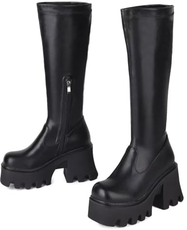 WUDPUNDR Knee High Platform Boots for Women Chunky Heel Round Toe Artificial Stretch Leather High Heeled Knee Tall Boots Black Size 6 Not for Wide Calf