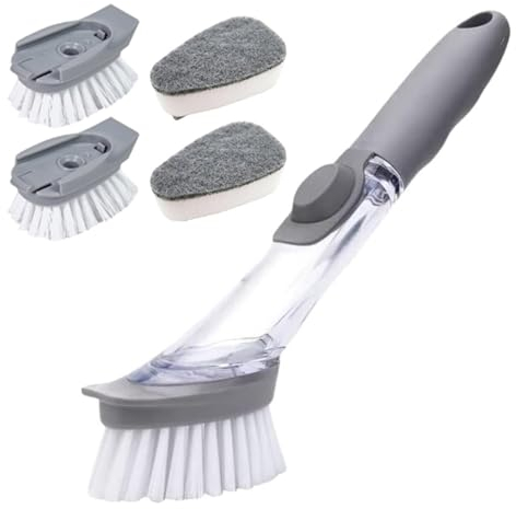 Yuqilin 5 Stück Set Reinigungsbürste, befüllbare spülbürste, Grau Bürste mit Spülmittel, Kommt mit 4 Austauschbaren Bürstenköpfen, für Pfannen, Besteck, Waschbecken, Wände