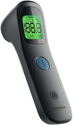 EUROPAPA Febertermometer för bebisar, barn, vuxna, infraröd panntermometer med feberalarm, °C/°F-brytare, 30 x mätvärdesminne (svart)