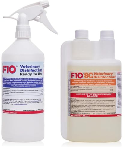 F10 SC Veterinary Disinfectant & Cleaner for Kennels, Litter Box, Cage, Terrariums, Habitats, Vet Practices. Combo of 1L RTU + 1L Concentrated