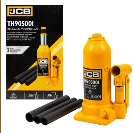 JCB 5 Tonne Heavy Duty Automotive Hydraulic Bottle Jack, 474mm Maximum Lift - Portable - Compact Design - Equipped with an adjustable height screw - 3 Year Warranty