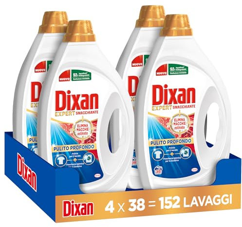 Dixan Liquido Expert Smacchiante Detersivo Lavatrice, 4 confezioni da 38 Lavaggi, per una pulizia profonda del bucato e freschezza igienica per lavatrice, Rimuove le macchie da 20°C