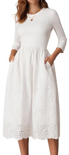 GRACE KARIN Women's Summer Maxi Casual Long Dress 3/4 Sleeve Crew Neck Flared A Line Dress Elegant Midi Hollow Stitching Dress XL White Size 20