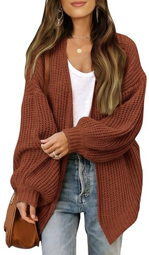 JFAN Cardigan Donna Manica Lunga Lavorato a Maglia Leggero Sciolto Aperto Maglione Giacca Calda con Tasche Pullover Aperto Casual per Autunno Inverno Marrone M