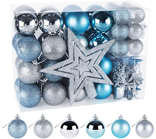 ilauke 70er Set Weihnachtsbaum Deko, Weihnachtskugeln Kunststoff Weihnachtsbaum Kugeln Christbaumkugeln Blau Mit Weihnachtsbau Deko Anhänger Für Christbaumschmuck Party Home