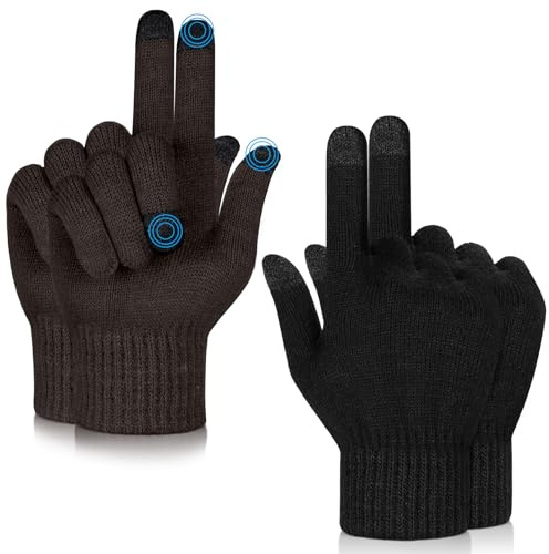 MELLIEX 2 Paia Guanti Termici touch screen Guanti Invernali Caldi a Maglia per Smartphone, Bici, Running, e All'aperto per a Uomo e Donna - Nero e Marrone