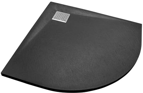 SMC Slate Stone Effect Shower Tray Black Corner Quadrant - 800x800x26mm - with Stainless Steel Drain Cover