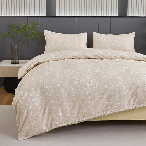 Jemiipee Housse de Couette 240x260 cm Beige, 2 Taie d'oreiller 65x65cm, Parure de Lit de Motif Botanique Tropical Fleurs Réversible pour 2 Personnes avec Fermeture Éclair