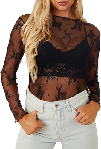 HAWILAND Mesh Tops for Women Long Sleeve Sexy Lace Shirt Elegant See Through Sheer Blouses for Going Out Party Clubbing-Black-Small