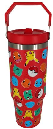 Pokemon Bouteille d'eau de voyage en acier inoxydable à double paroi - Bouteille d'eau isotherme anti-fuite avec poignée de transport - Garde les boissons chaudes et froides