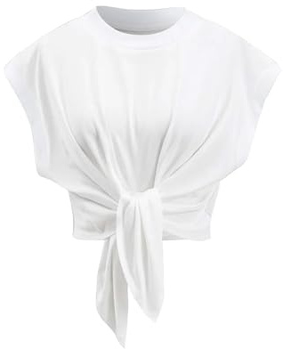 BQDCQB Crop Tops for Women Cap Sleeve Tie Front Solid Ruched T-Shirt Tops 2025 Summer Crew Neck Tee Shirts Blouse (White-S)