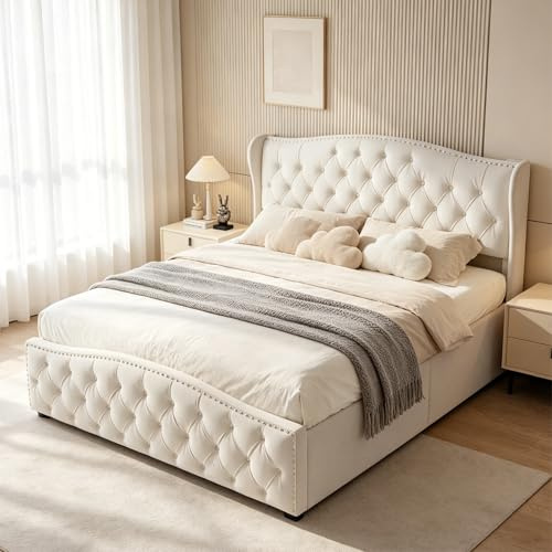 BRILVERDE Cama Tapizada 140x200 con Almacenaje, Cama matrimonial, Cabecero Acolchado y Base de Láminas, Terciopelo (Beige, 140 x 200 cm)