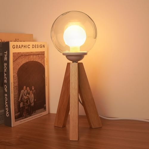 BrightArk Nachttischlampe Tischlampe Holz Dimmbar mit Globe Glas Lampenschirm, Stativlampen für Wohnzimmer mit G9 LED-Glühbirne Warmweiß 2200K, Tischlampen für Schlafzimmer Nachtlicht