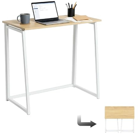 MEUBLE COSY Scrivania per Computer Pieghevole Postazione di Lavoro per Ufficio, Studio, Piccoli Spazi, Facile da Montare, Struttura in Metallo, Rovere e Bianco, 80x44x74cm