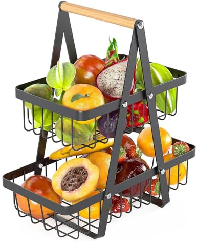 thirei Obstkorb Etagere, 2 Stöckig Obstetagere, Obst Aufbewahrung, Gemüsekorb, Abnehmbare Obst Etagere, Schwarz Metall Fruits Basket, mit Holzgriff, für Obst Brot Snacks (Schwarz)