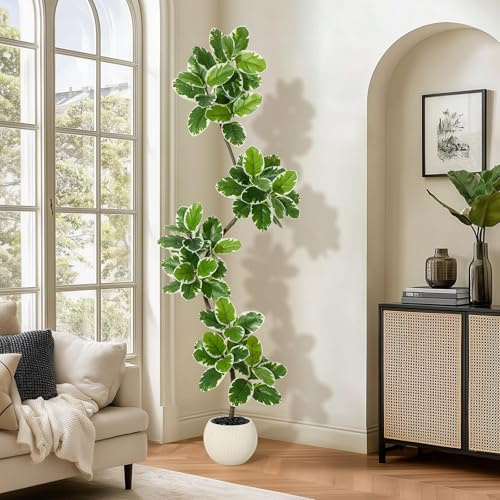 210 cm realistisk stor konstgjord ficus, fuskväxt inomhus/utomhus med kruka, mossa och stenar, multistam och lövverk, underhållsfritt, dekorativt konstträd för vardagsrum, kontor, balkong