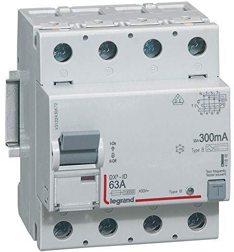 Legrand 411849 Interrupteur différentiel DX³-ID arrivée haute et départ bas à vis, 4P, 400V, 63A typeB, 300mA, 4 modules