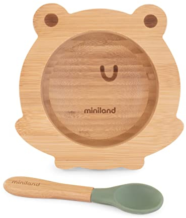 Miniland Wooden Bowl Frog. Cuenco BLW de madera de bambú certificada FSC con ventosa y con cuchara con punta de silicona, Natural y verde, 89470