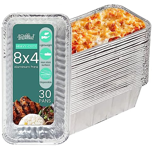 FUNSTITUTION Aluminum Foil Pans 8x4 Inches (30 Pack) - Tin Foil Pans with High Heat Conductivity - Disposable Aluminum Tray Cookware For Baking, Grilling, Cooking, Storing, Prepping