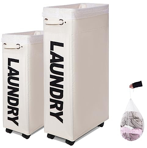 Caroeas Panier à Linge 70L avec Roulettes, Pliable et Étroit, Grande Capacité, Bac de Rangement sur Roues pour Petit Espace，Beige