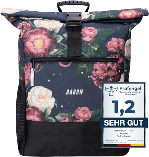 AARON Rolltop Rucksack Damen und Herren, mit Laptopfach, inkl. AirTag Halter, Daypacks, Rollrucksack aus recycletem PET für UNI, Reisen, Alltag, Rolltop Backpack in schwarz und Blumen