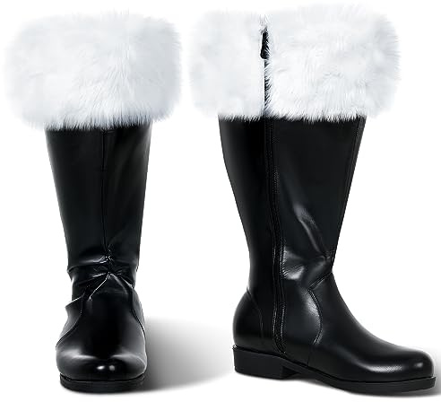 Liitrsh Autumn Boots Men's Wide Calf Combat Boots with White Plush Cuffs Foot Bells Buckle Strap for Autumn and Halloween Costume((Black,Us 12-13,Classic)