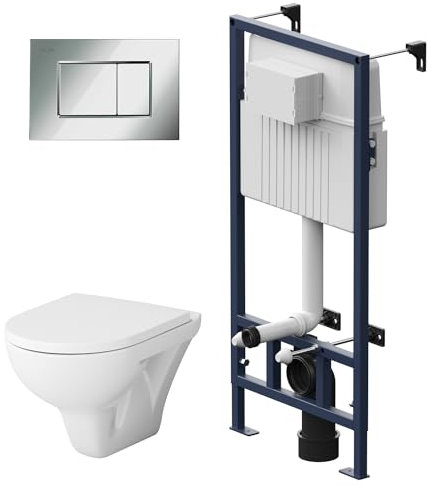 AM.PM - Hänge WC Komplettset, Vorwandelement WC Set Komplett Vormontiert (ProC) + Wand WC Weiß ohne Spülrand (Hit) + Drückerplatte + WC-Sitz mit SoftClose-Absenkautomatik, Toilette Komplett Set