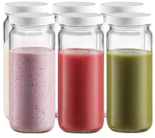 MEETOZ 6 Pack Juicing Glass Bottles Set - 16 oz Jars,with Lids for Juice, Smoothies, Water, Milks, Beverage Storage - Large Jug, Clear, Durable, Reusable, Dishwasher Safe, Leak Proof