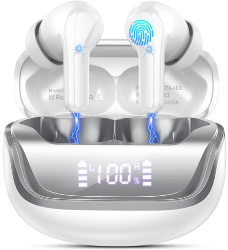 Wireless Earbuds, Bluetooth 5.4 Headphones with 4 ENC Noise Cancelling Microphone, Ear buds with HiFi Stereo Deep Bass, Bluetooth Earphones 45H Playtime LED Display, IP7 Waterproof, Silver White