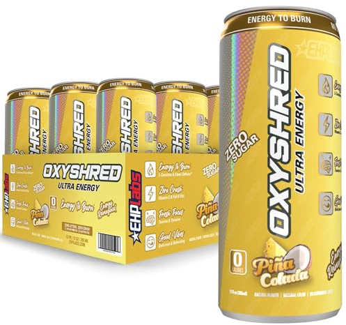 EHP Labs OxyShred Energy Drink - Sugar Free Energy Drinks with Amino Acids, Green Tea Extract, Vitamin C & L Carnitine - Carb Free, Calorie Free, Natural Caffeine, Pina Colada (12-Pack)