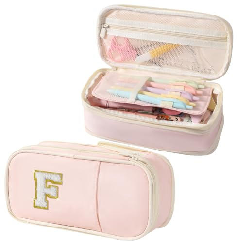 Janhavi Preppy Pencil Case for School Supplies, Large Initial Pencil Pouch with Zipper, Cute Pencil Bag for Office Supplies, Aesthetic Birthday Gift for Kids Teen Girls Adults - Pink F(Chenille)