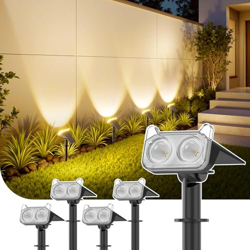 GEARLITE Spot Solaire Exterieur Puissant, Lot de 4 Lampe Solaire Exterieure Jardin avec 2 Modes d'Éclairage 3000K Chaude, IP67 Étanche 800lm Projecteur LED Solaire Exterieur pour Jardin Chemin Allée